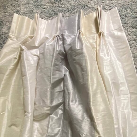 2 Custom 26W x 96L Gray/Ivory LINED Pinch Pleat Silk Curtains - Picture 3 of 9